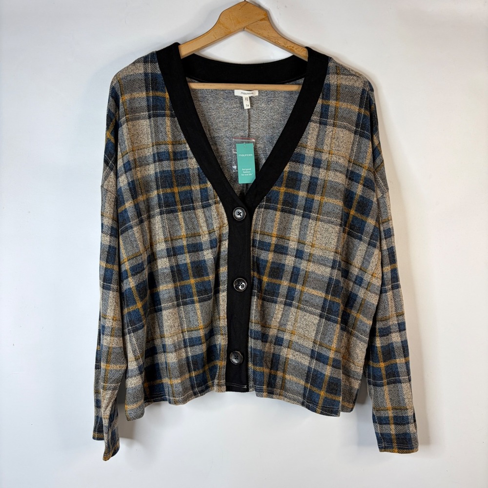Maurices Cardigan Women 1X Tan Plaid Button Front V-Neck Long Sleeve Relaxed